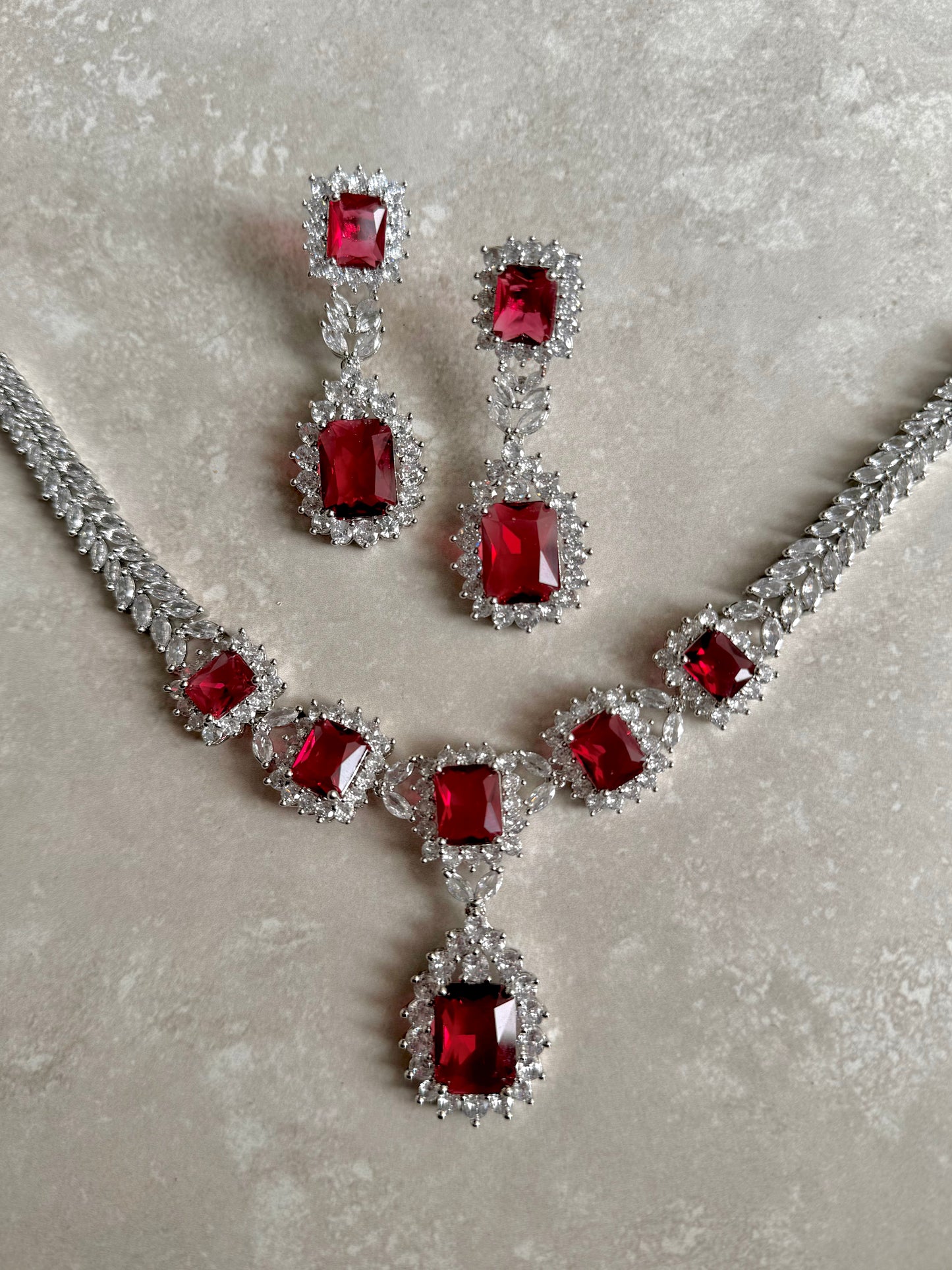 Syeda Silver Necklace Set - Red