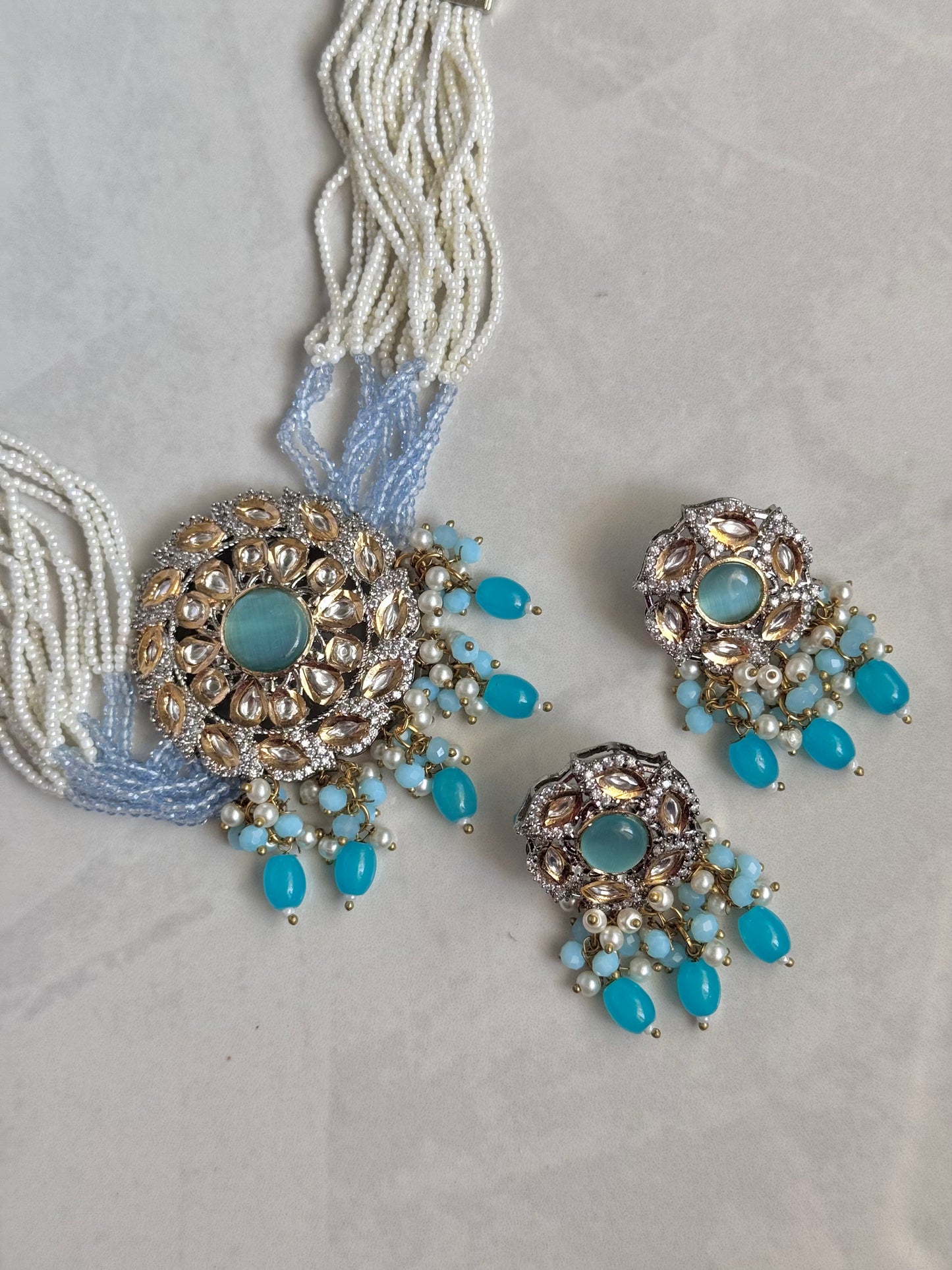 Meher Pachi Kunda Choker Set - Teal (Luxury Collection)