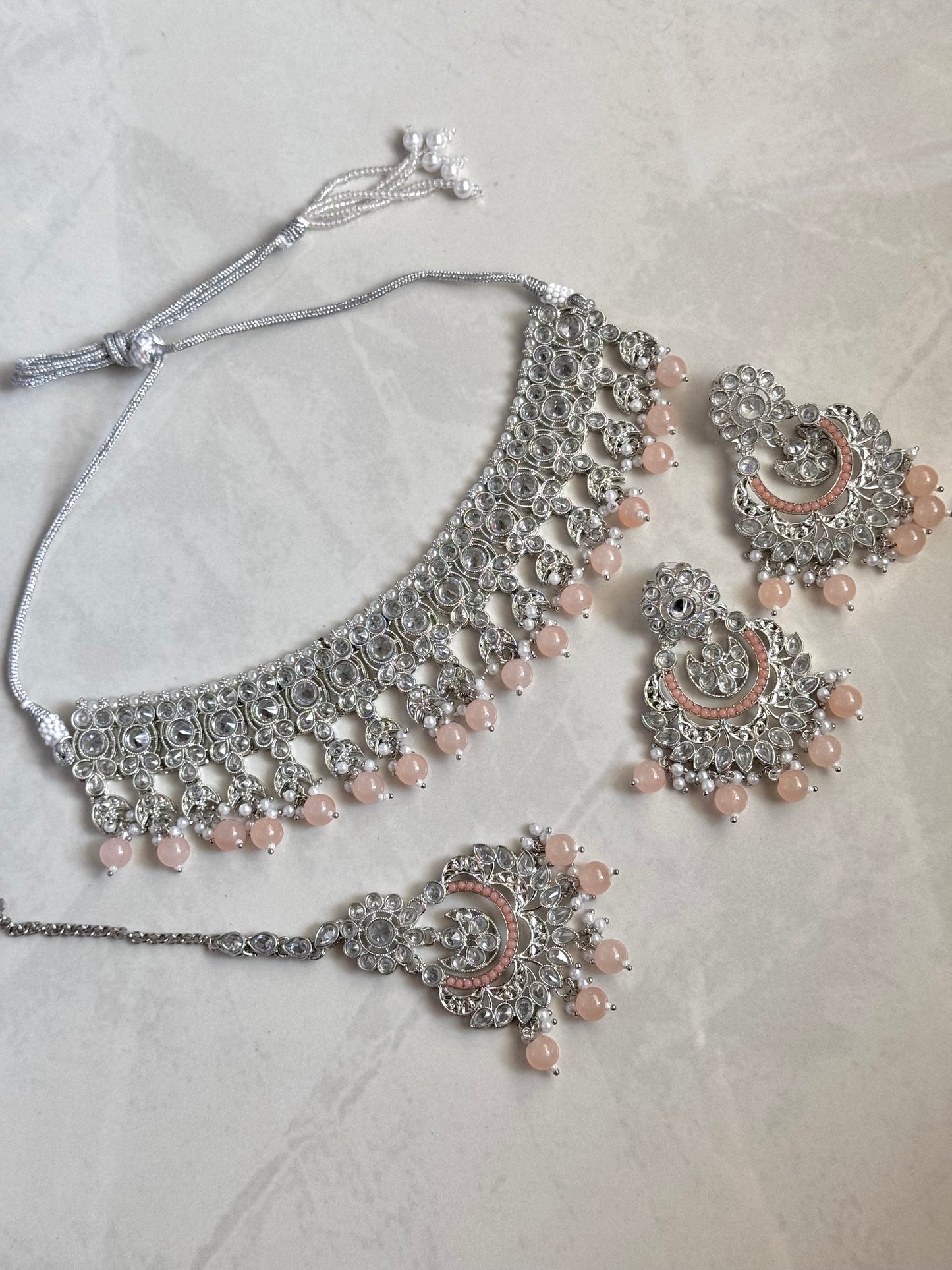 Neelum Choker Set - Silver/Peach