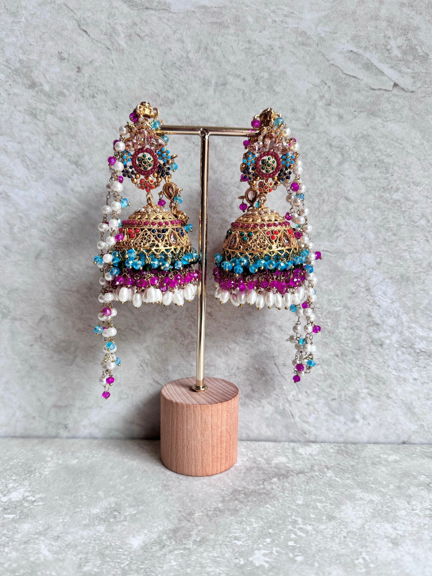 Yazmin Sahara Jhumkas - Pink/Teal