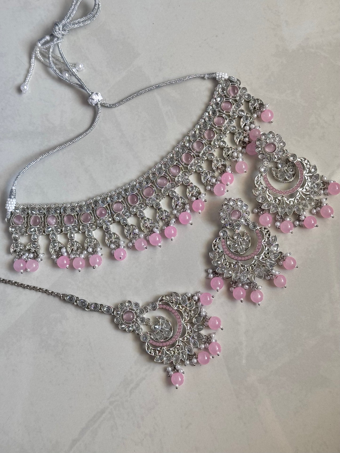 Neelum Choker Set - Silver/Pink