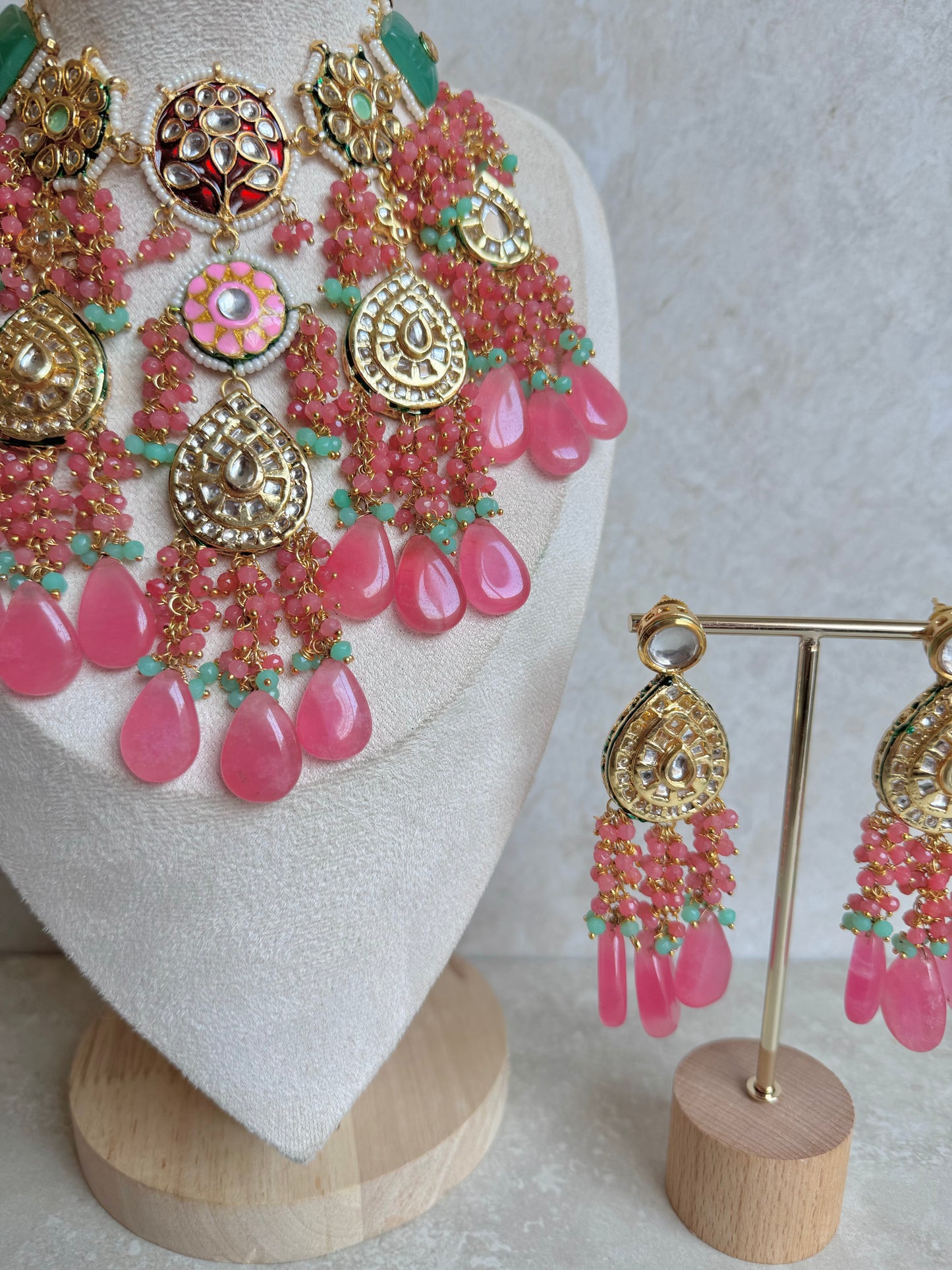 Nargis Necklace/Choker Set - Pink/Teal