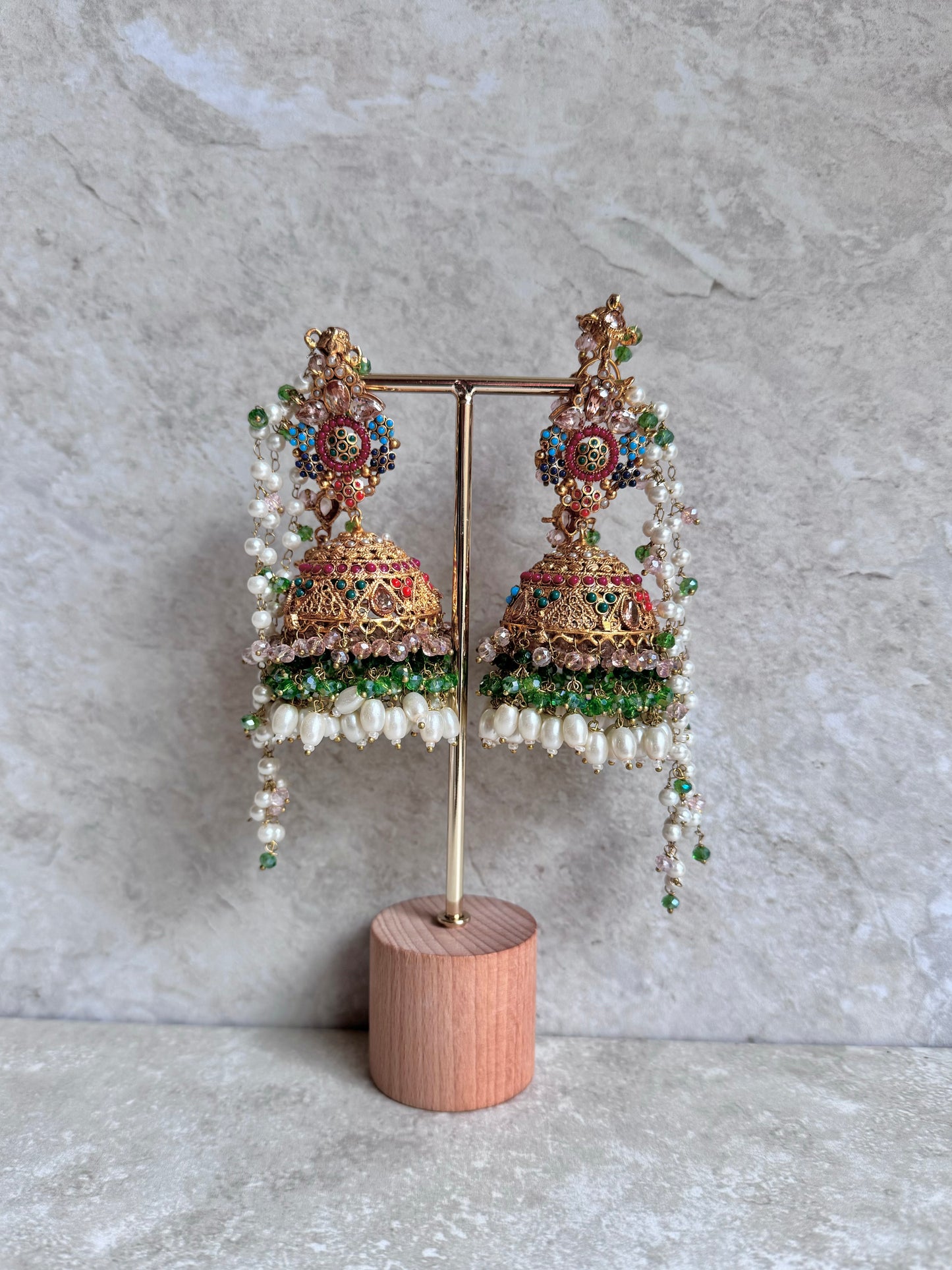 Yazmin Sahara Jhumkas - Light Pink/ Green
