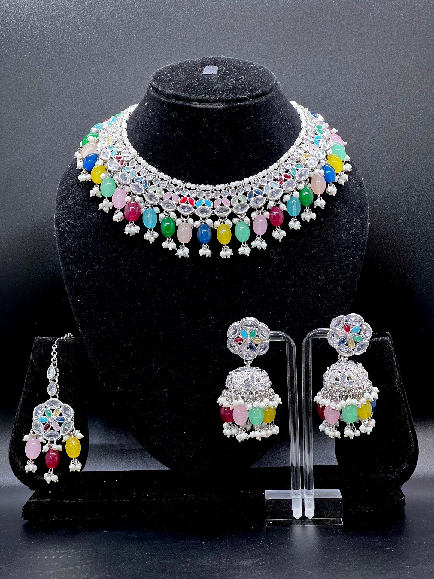 Riya Necklace Set - Silver/ Multi