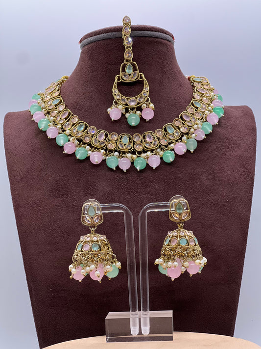 Rubab Small Necklace Set - Mint/Pink