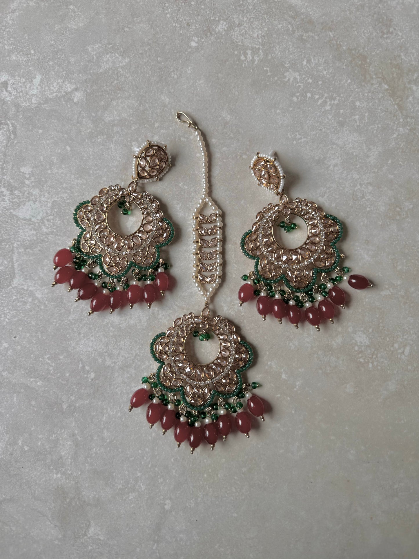 Mahi Earring and Tikka - Maroon/Green