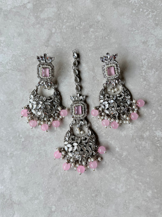 Zehra Earring and Tikka - Silver/Pink