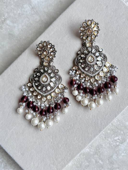 Deepika Tyaani Kundan Earrings - Deep Maroon