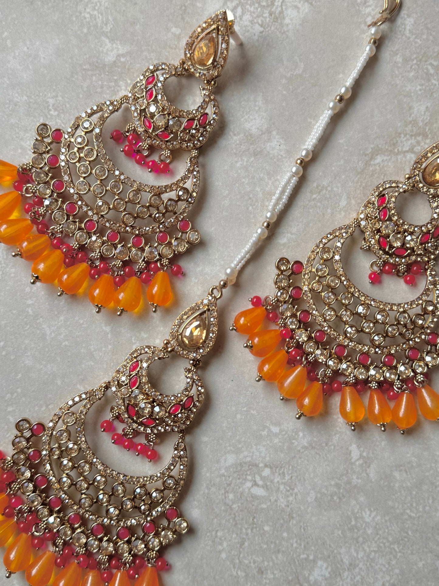 Mira Earring and Tikka - Orange/Pink