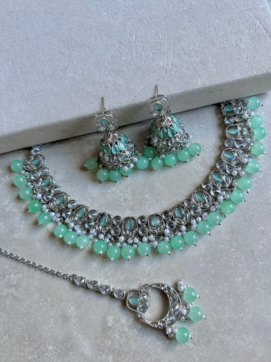 Rubab Small Necklace Set - Silver/Mint Green