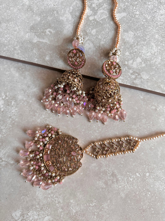 Ameera Jhumkas with Tikka - Pink