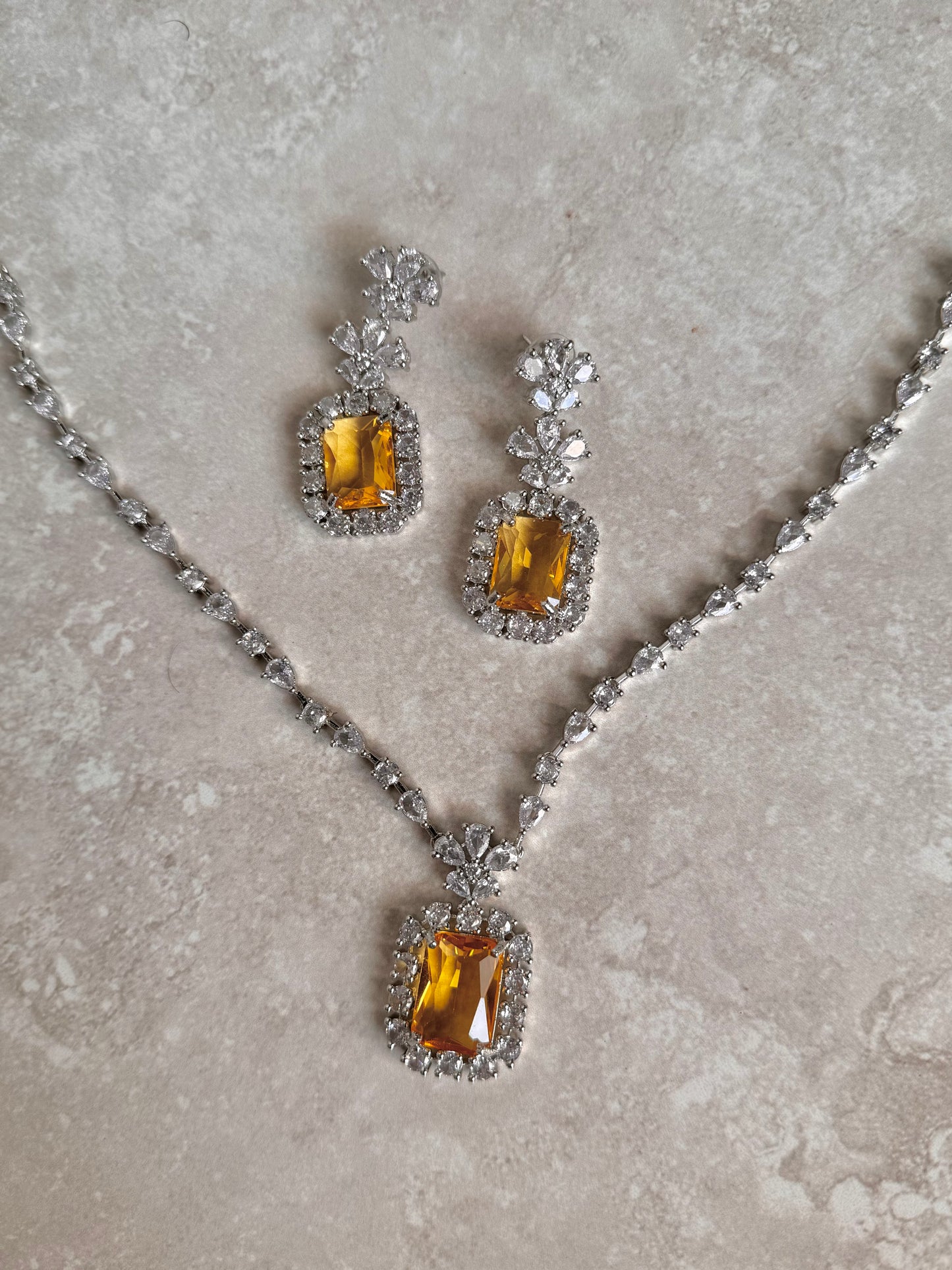 Ahana Silver Necklace Set - Orange (Lux Collection)-Statement Jewels