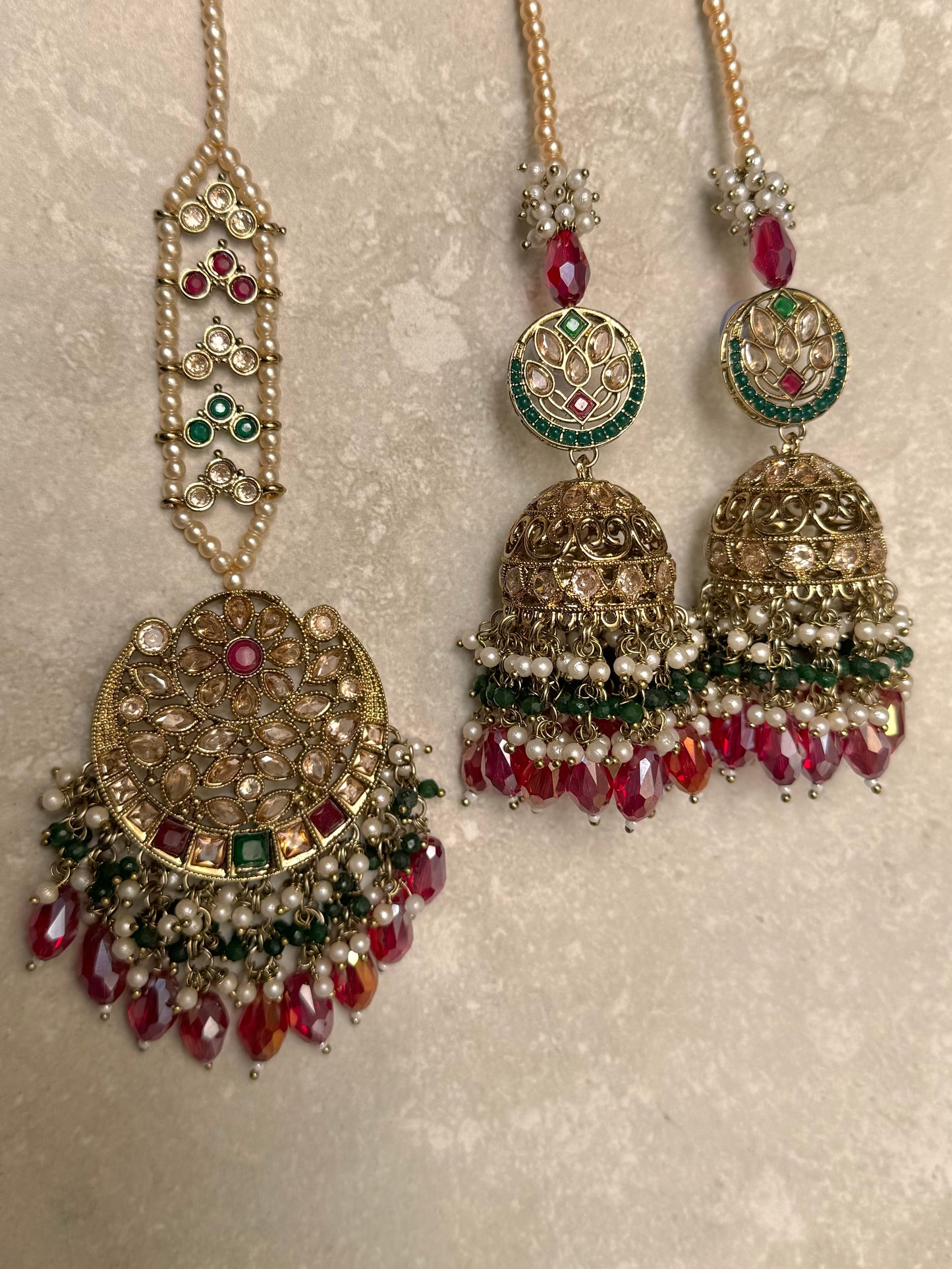 Ameera Jhumkas with Tikka - Red/Green