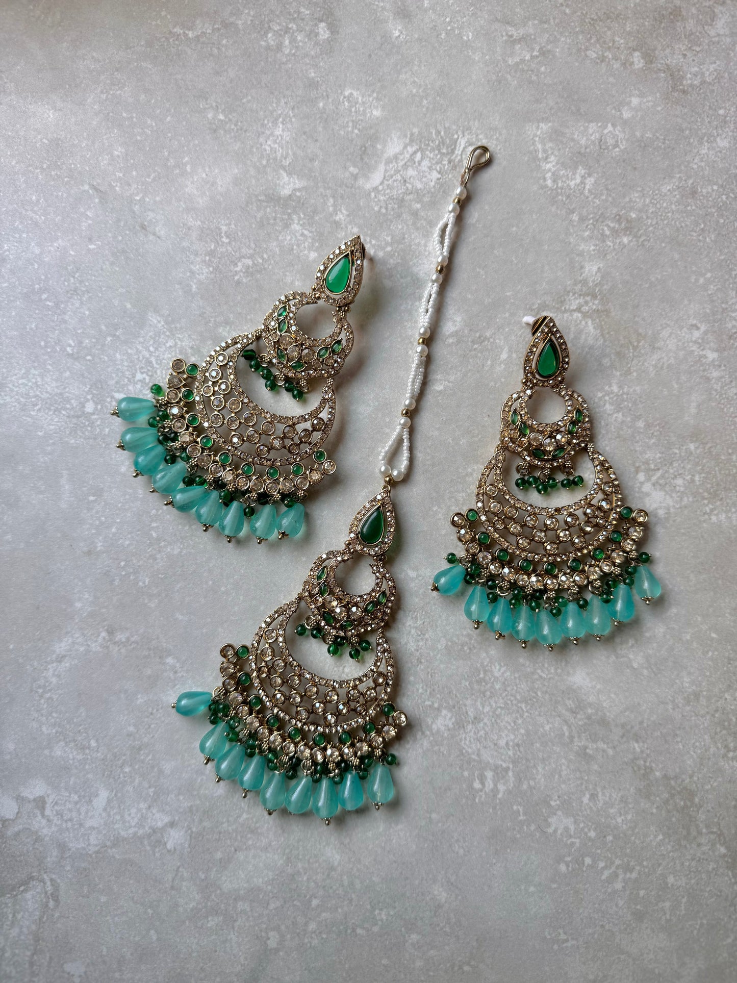 Mira Earring and Tikka - Light Blue/ Dark Green