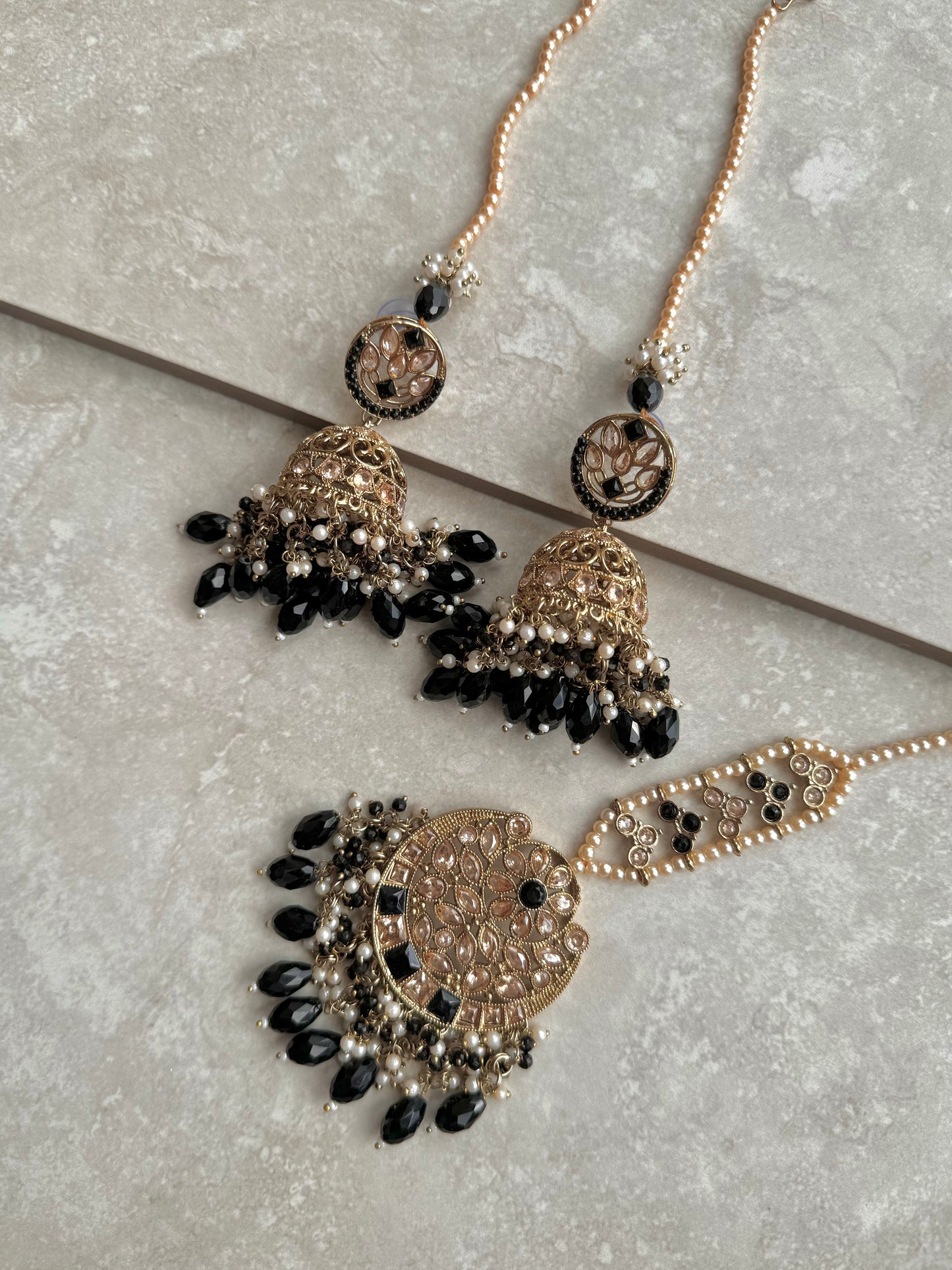 Ameera Jhumkas with Tikka - Black