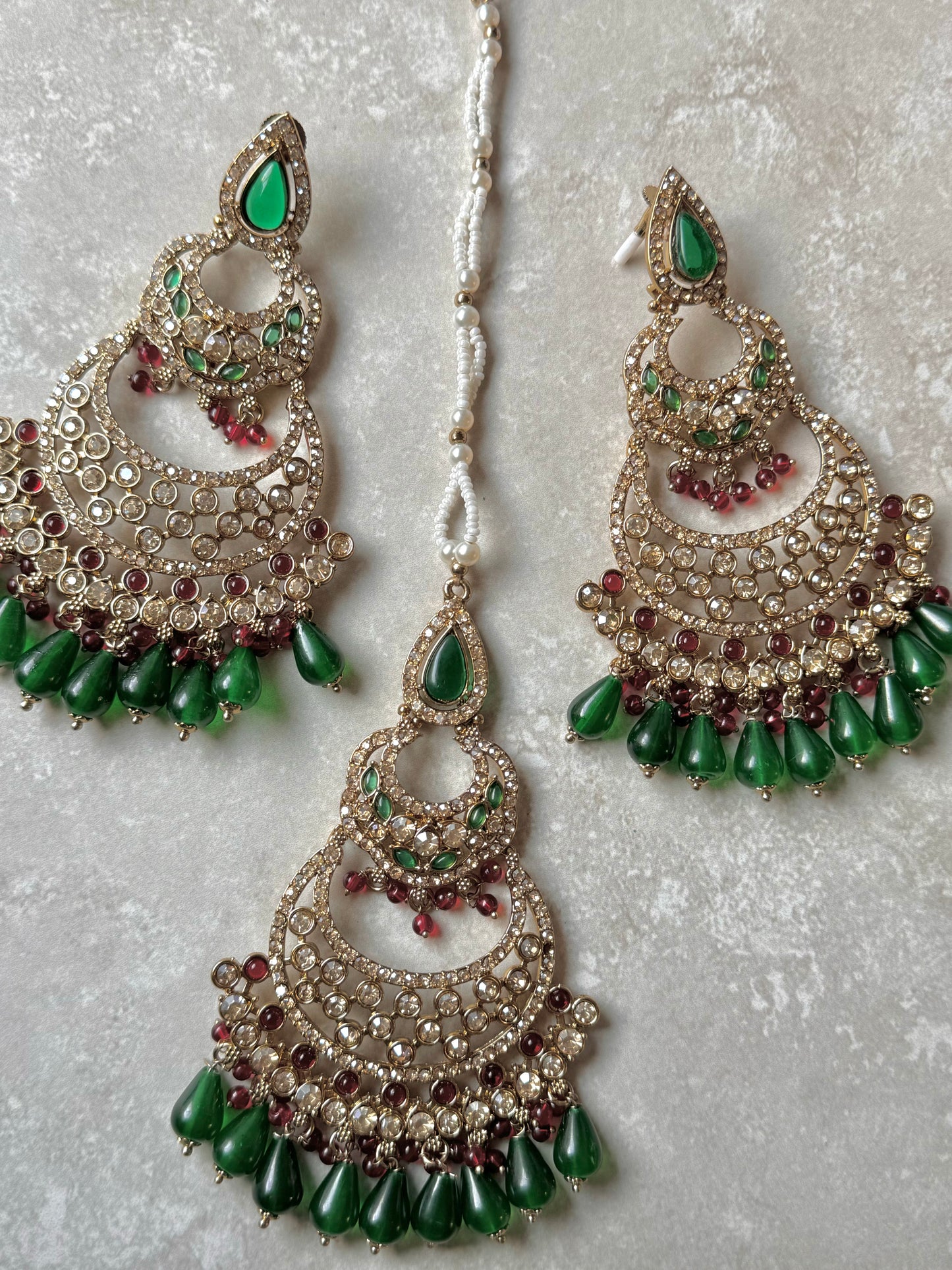 Mira Earring and Tikka - Maroon/Dark Green