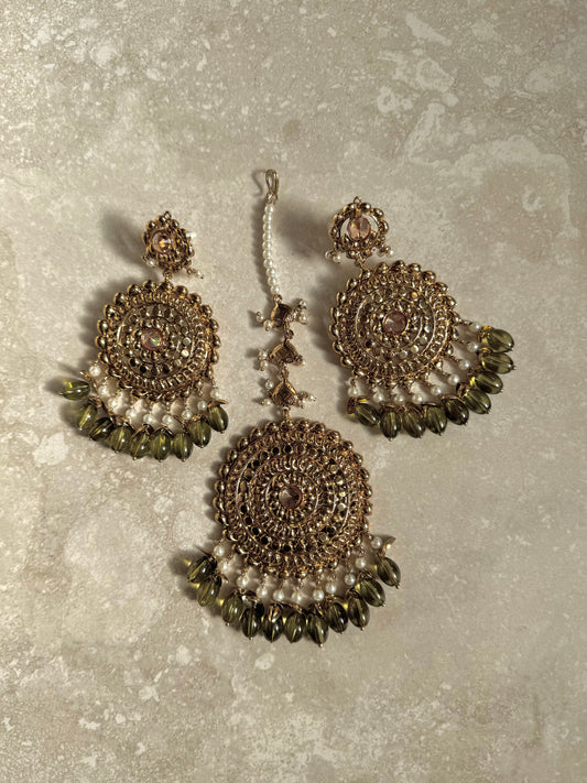 Zamal Earring and Tikka - Mehndi Green