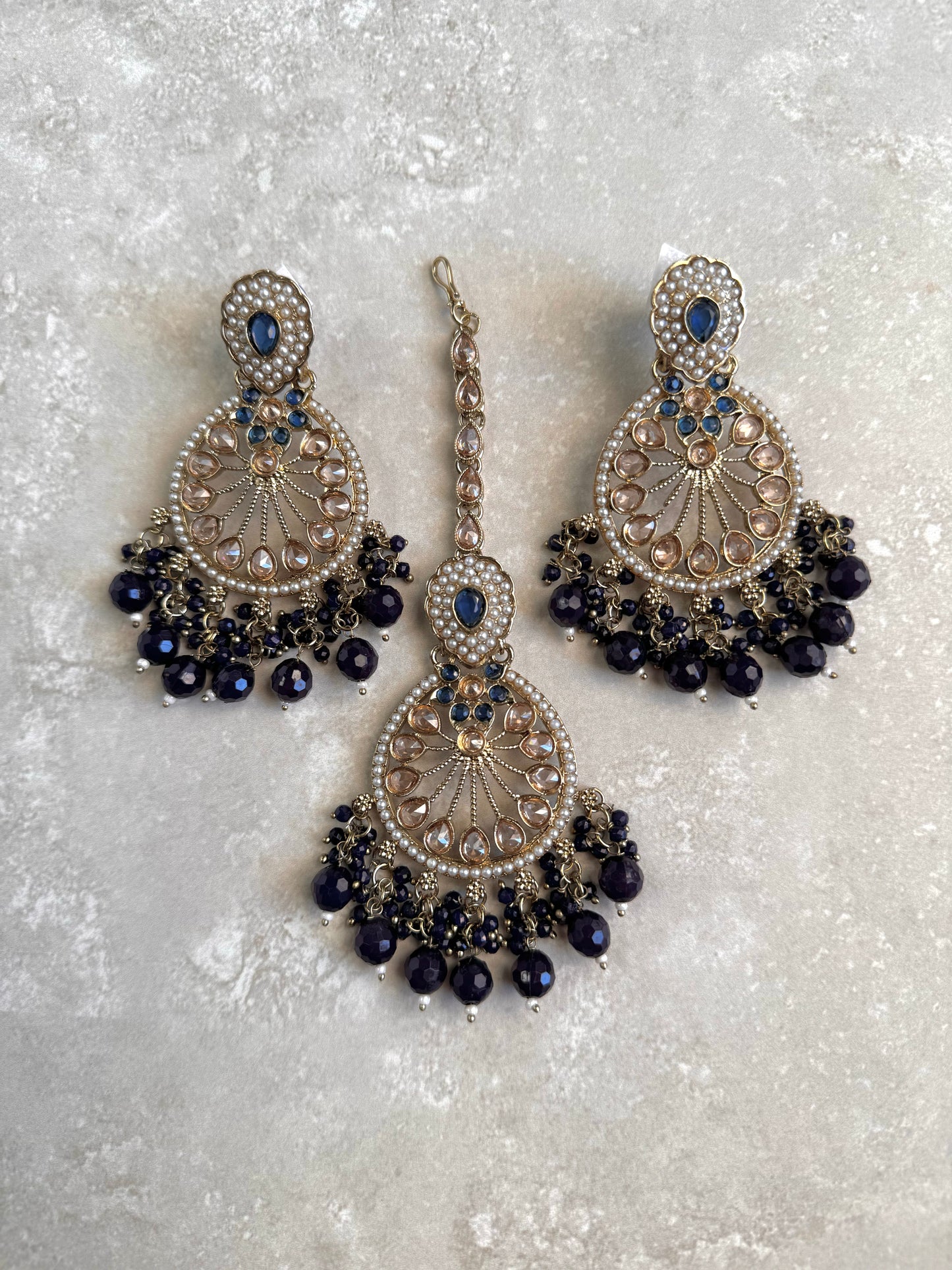 Maheen Earring and Tikka- Navy Blue