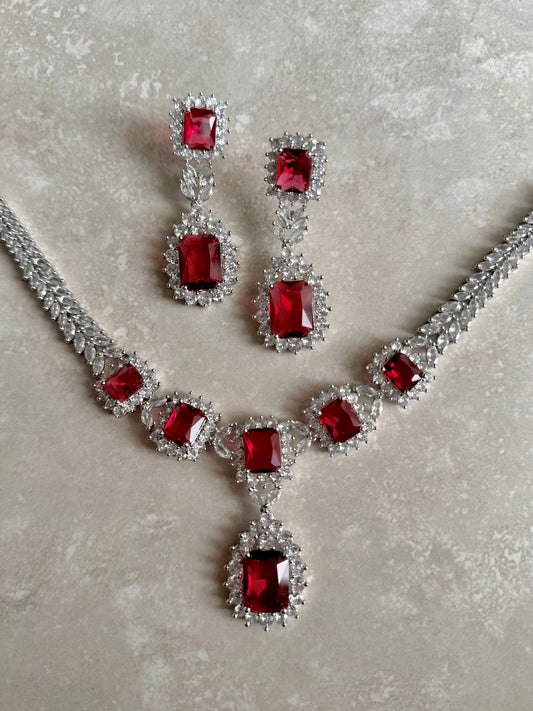 Syeda Silver Necklace Set - Red
