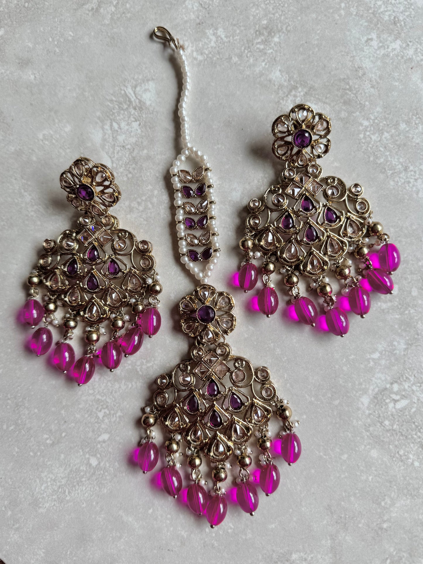 Irum Earring and Tikka - Pink