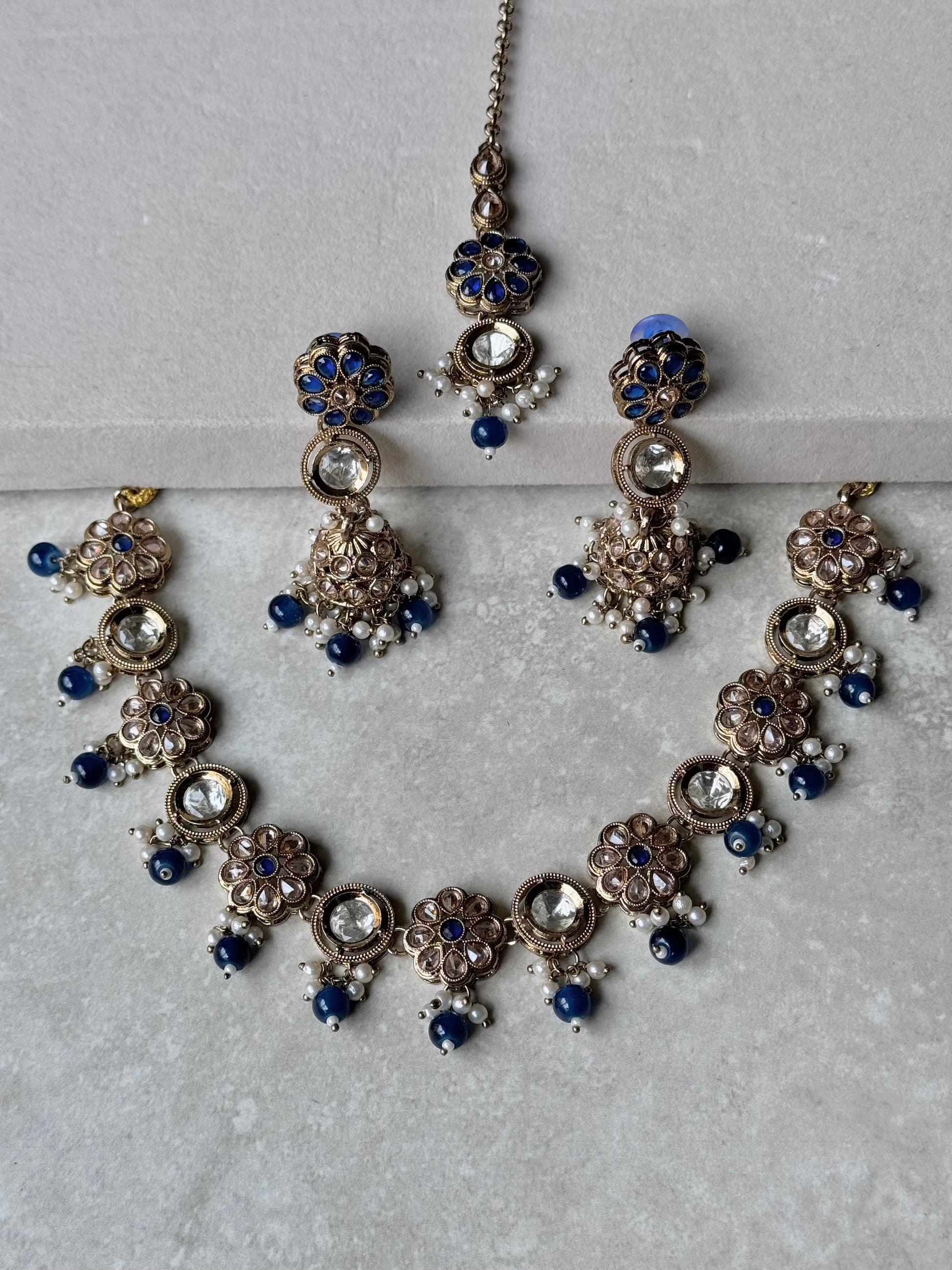 Aisha Small Necklace Set - Navy Blue-Statement Jewels