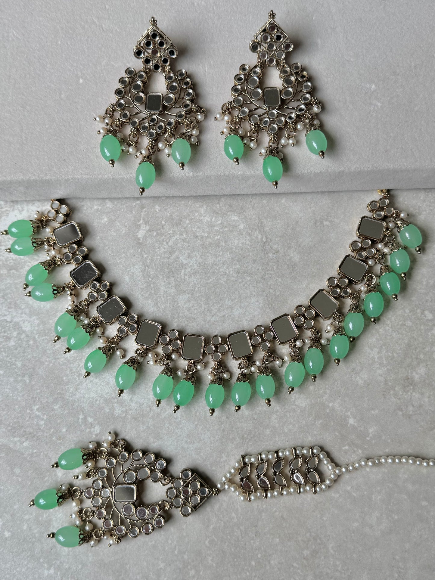 Rehma Small Mirror Necklace Set - Mint Green