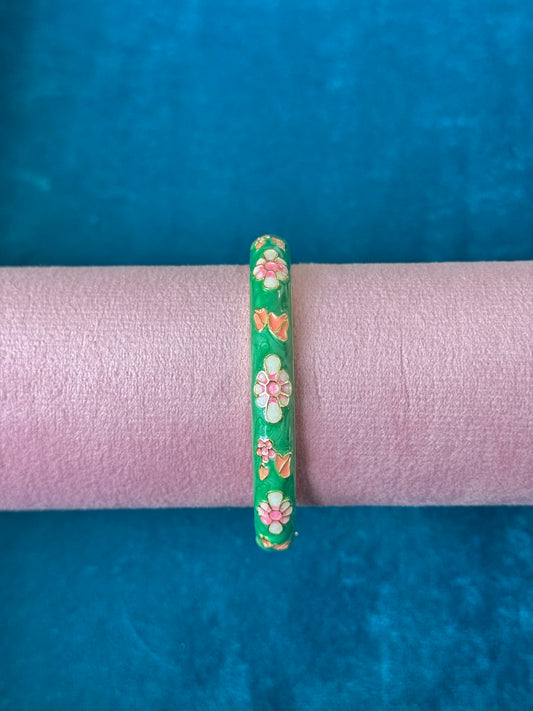 Teal Floral Painted Bangle Thick