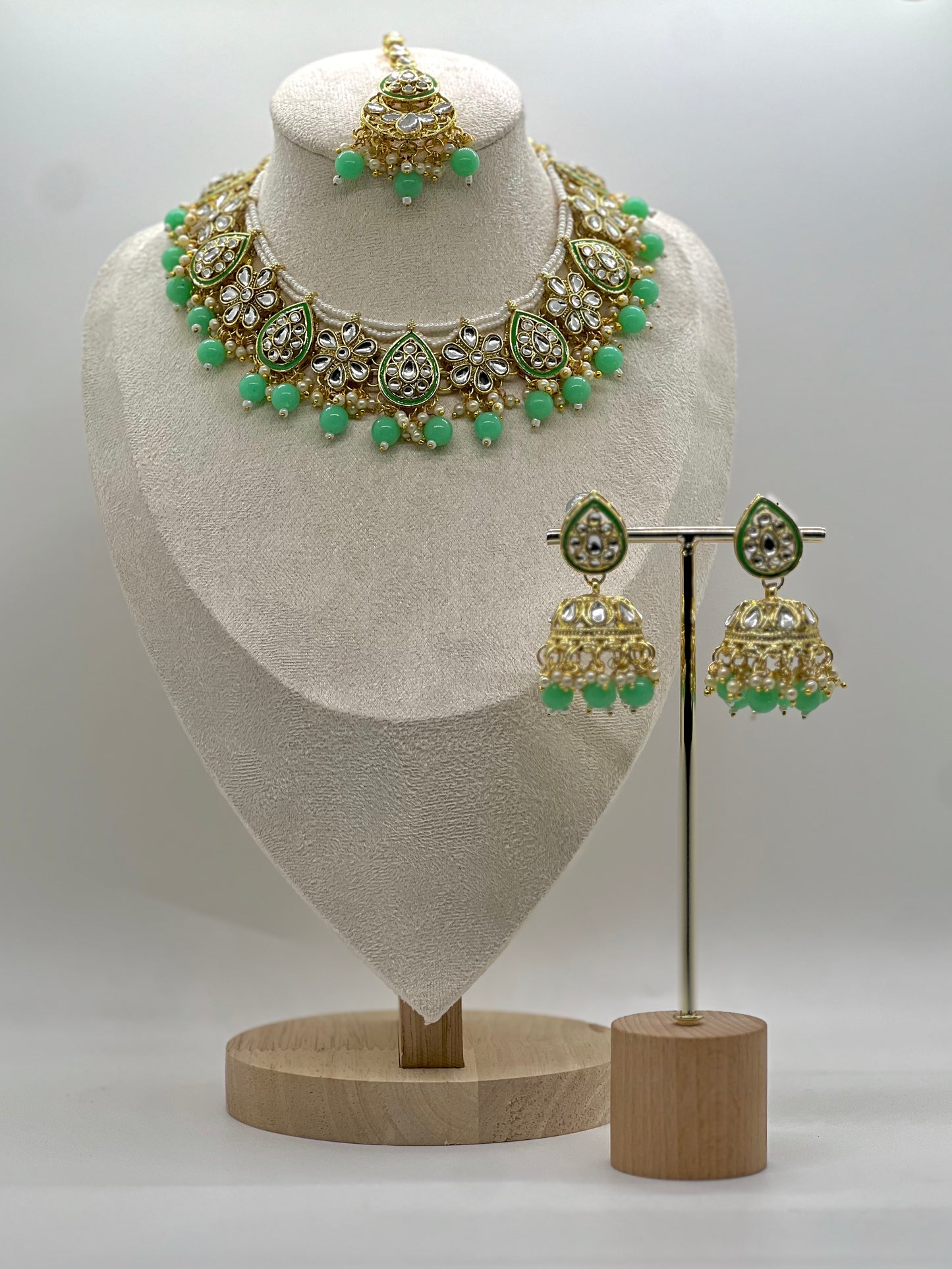 Abiha Kundan Necklace Set - Mint Green-Statement Jewels