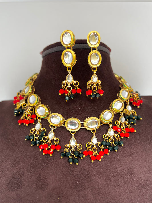 Tanvi Necklace and Earrings Set - Red and Green