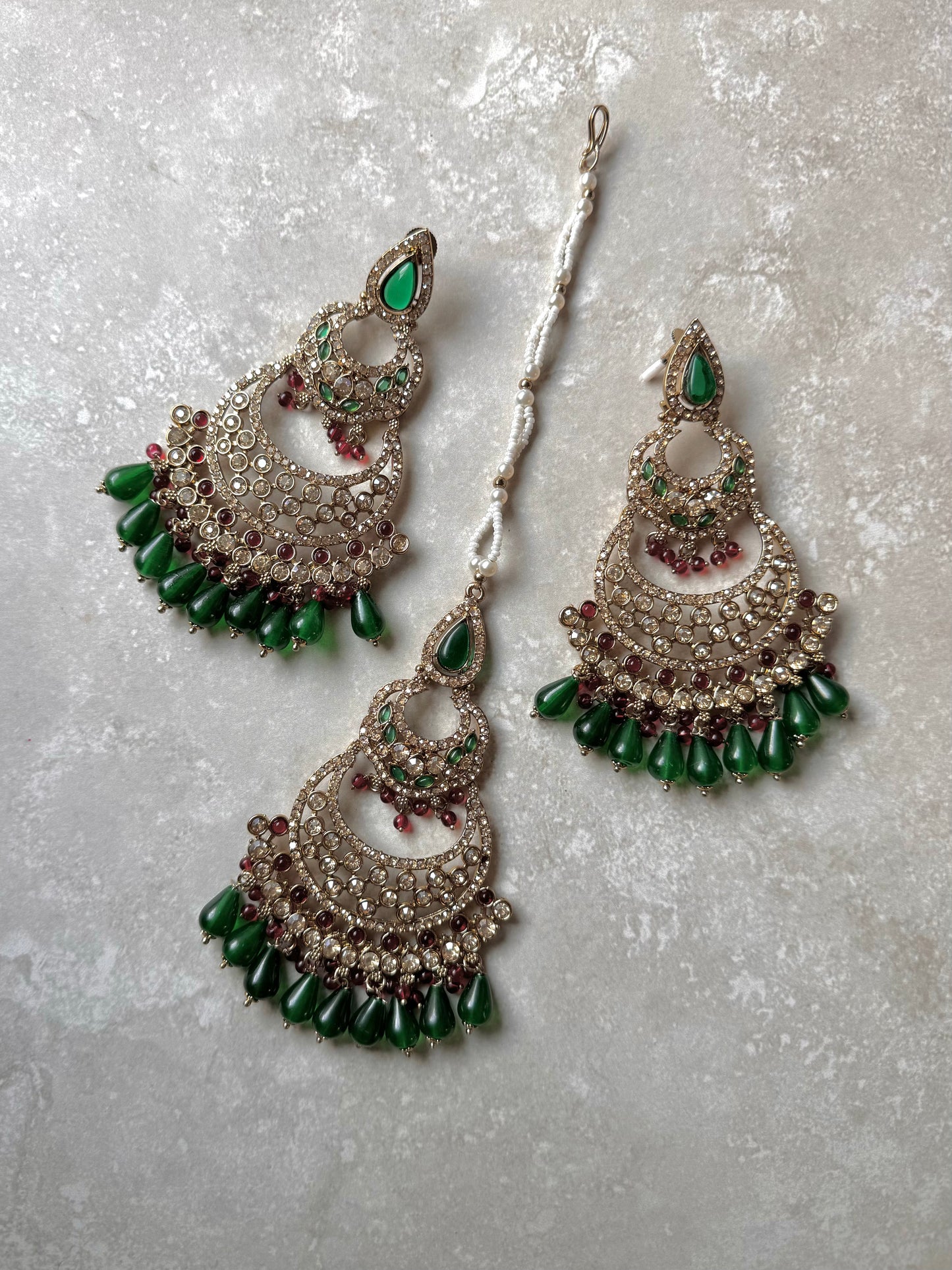 Mira Earring and Tikka - Maroon/Dark Green