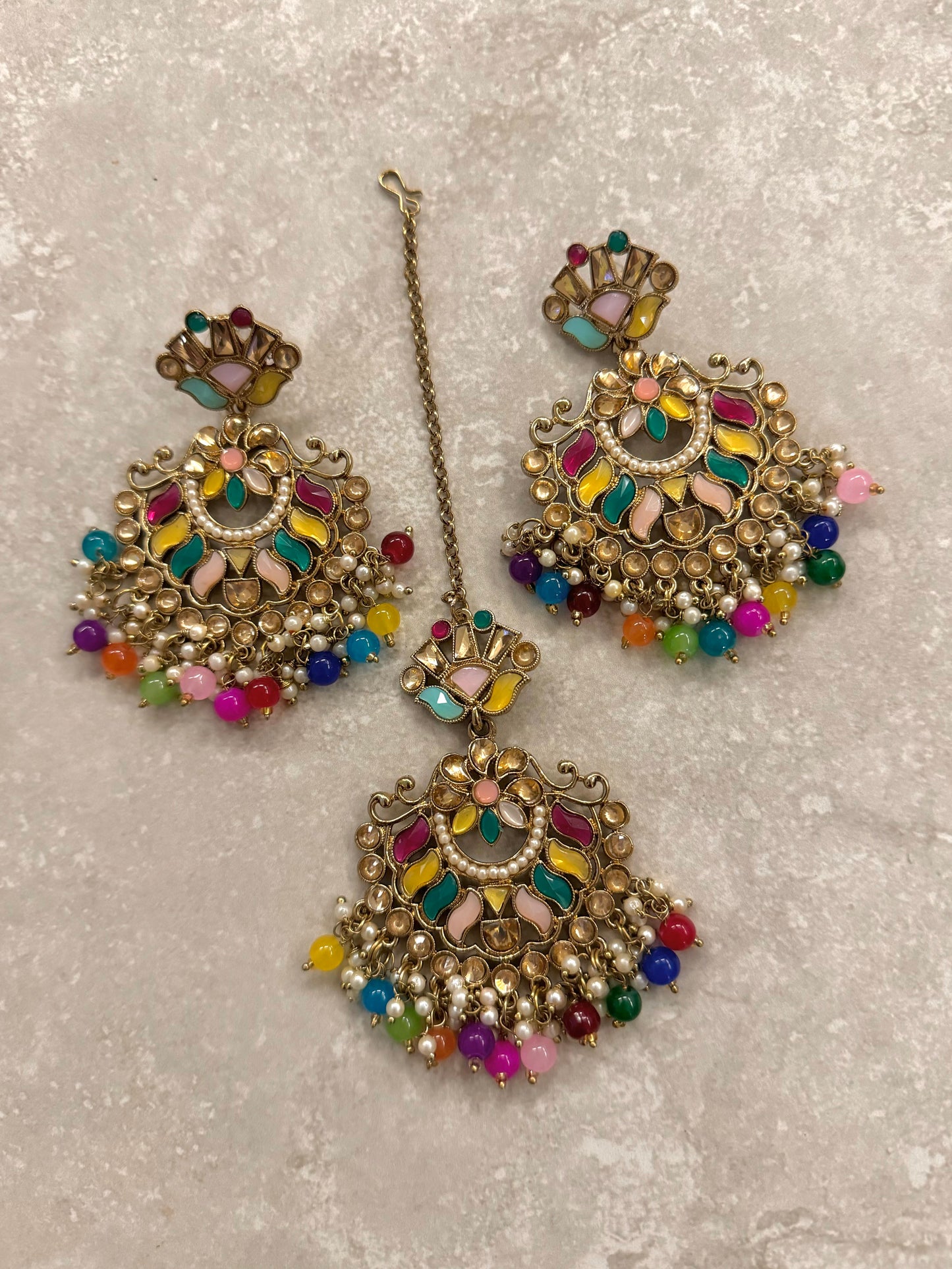 Sajal Earrings and Tikka- Multi