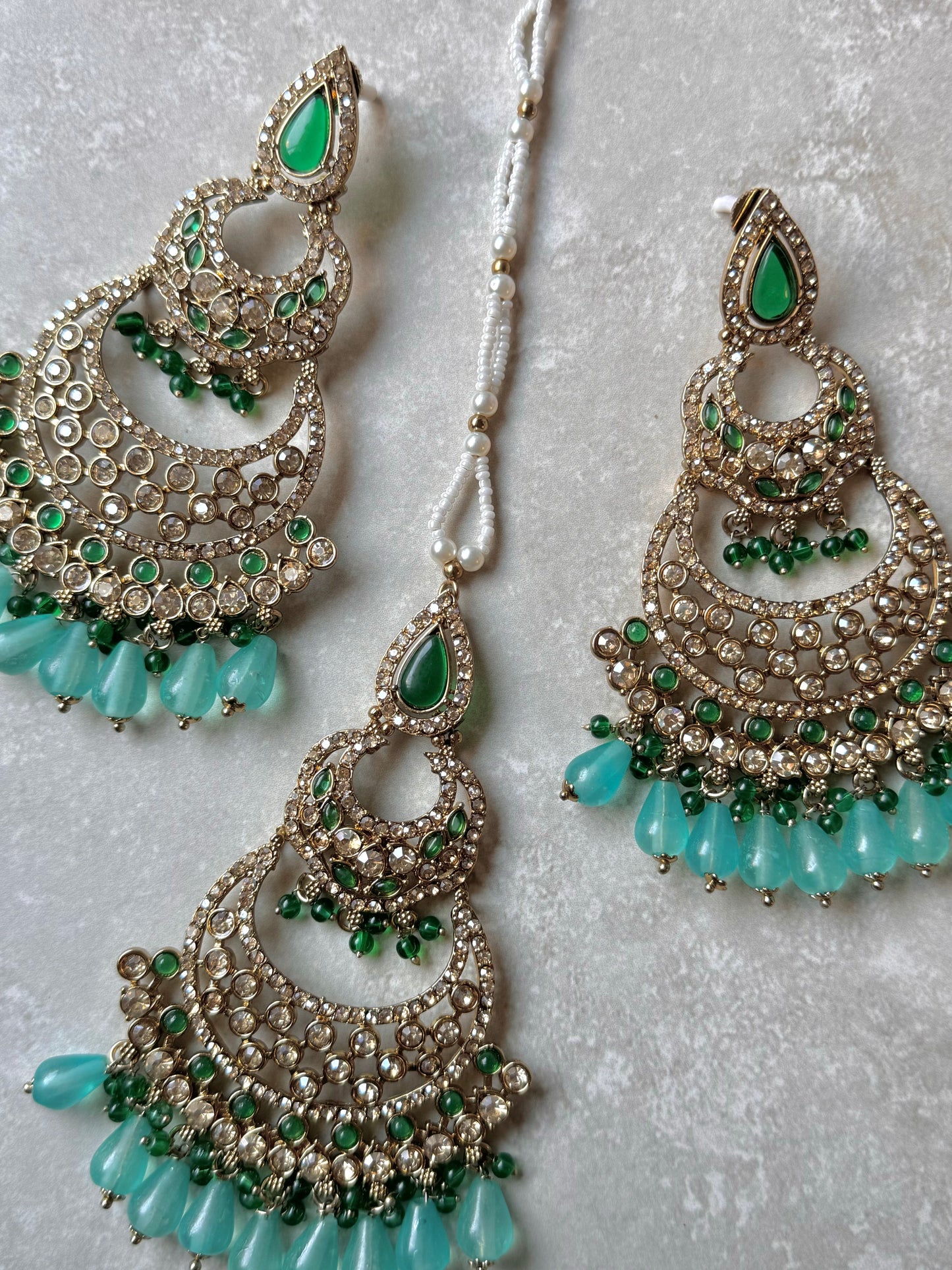 Mira Earring and Tikka - Light Blue/ Dark Green