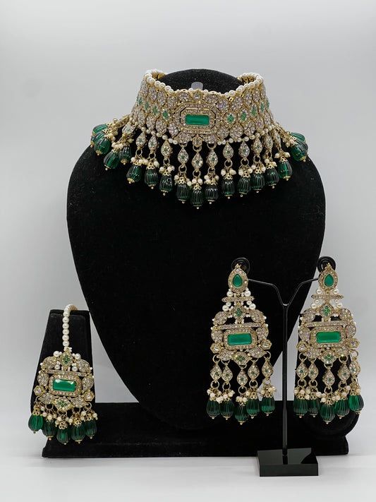 Rani Choker with Earrings and Tikka Set- Green