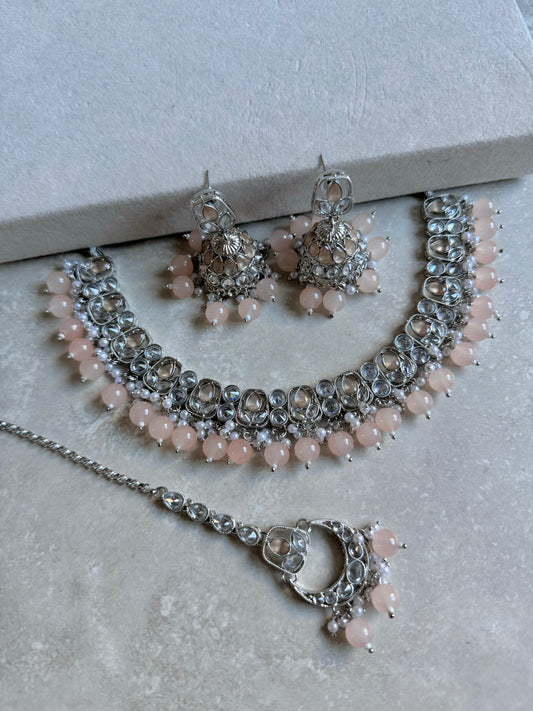 Rubab Small Necklace Set - Silver/Peach