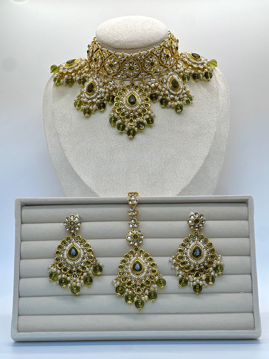 Aditi Kundan Choker Set - Mehndi Green-Statement Jewels