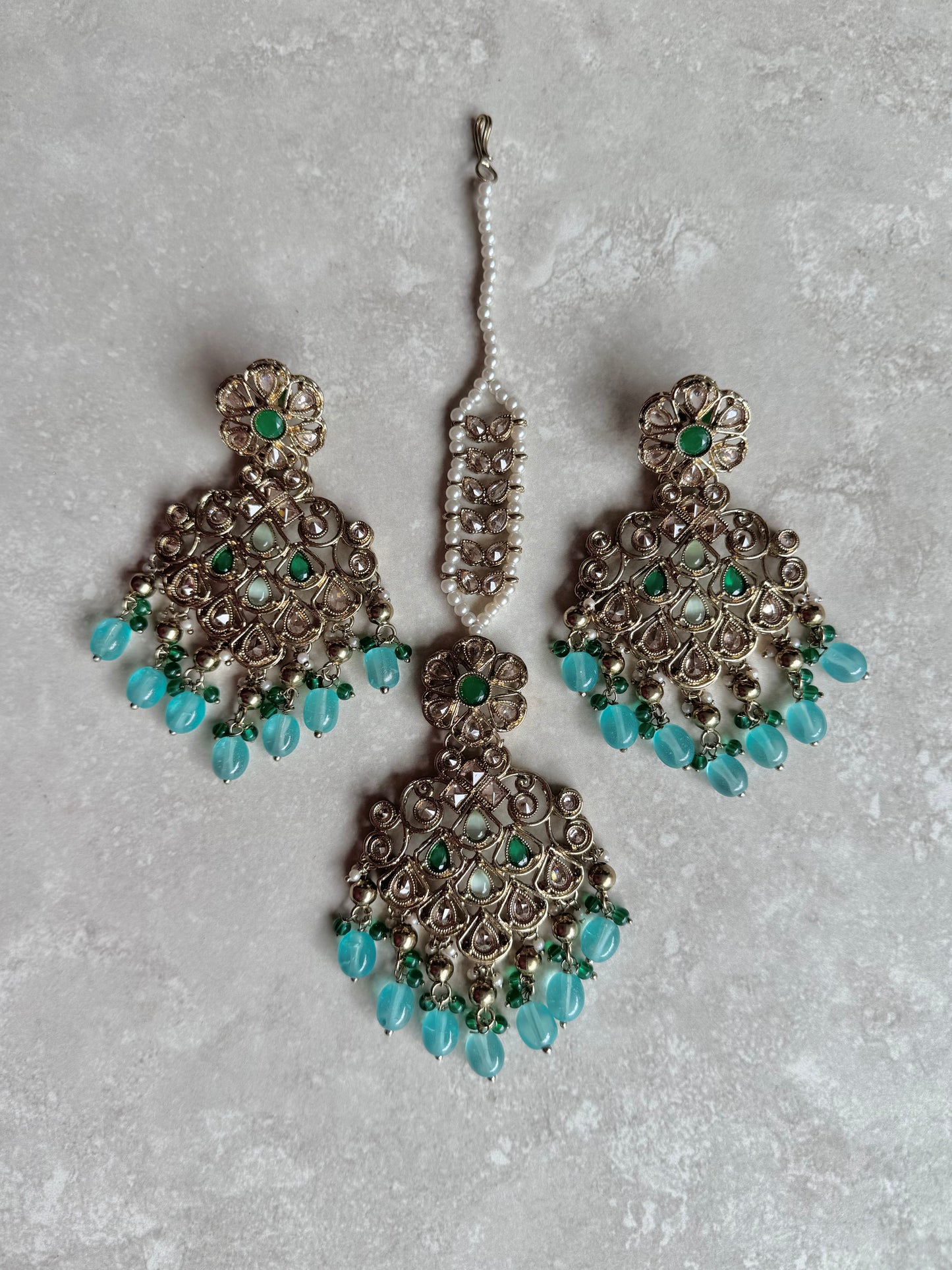 Irum Earring and Tikka - Green/Blue