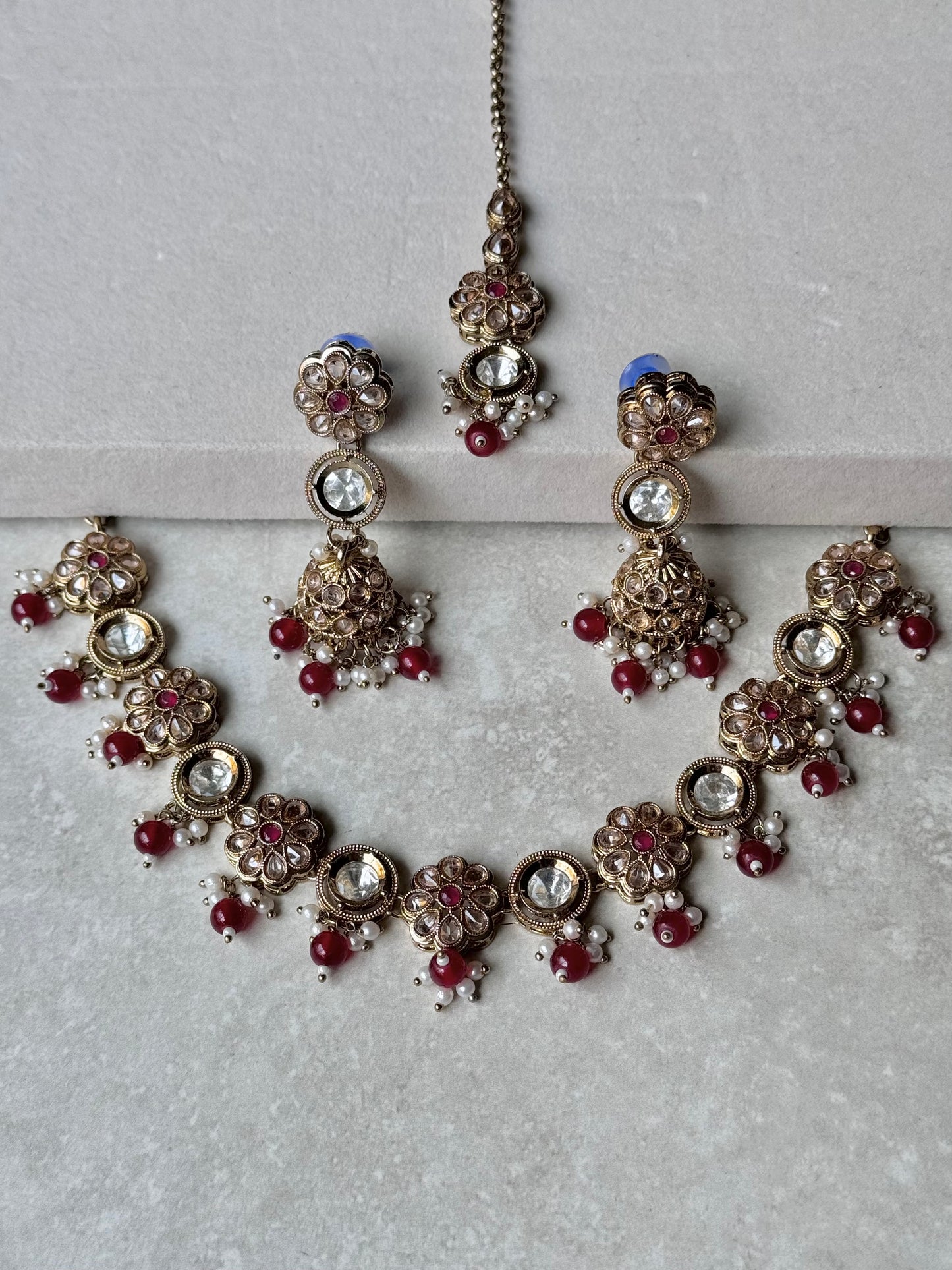 Aisha Small Necklace Set - Maroon-Statement Jewels