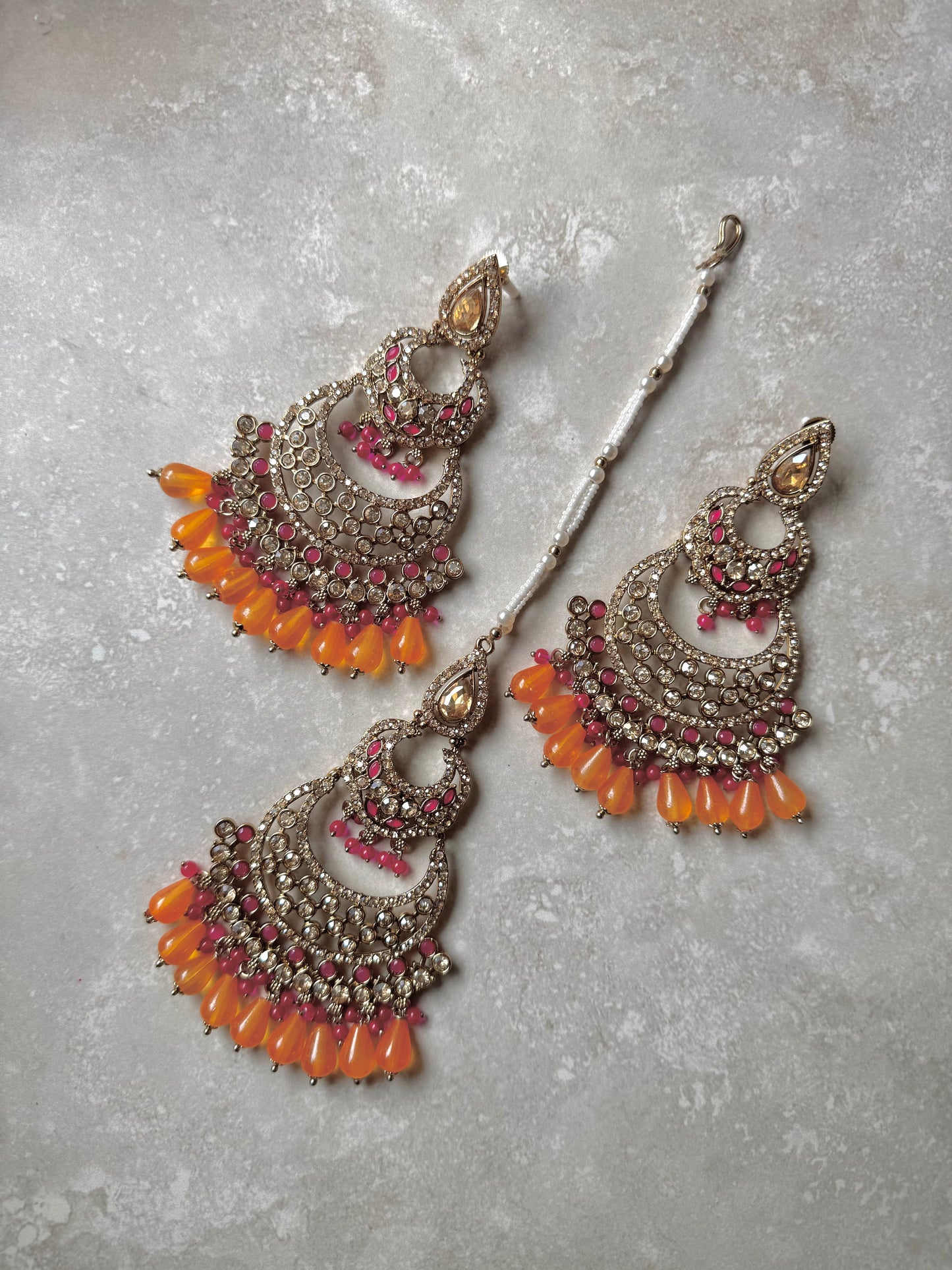 Mira Earring and Tikka - Orange/Pink