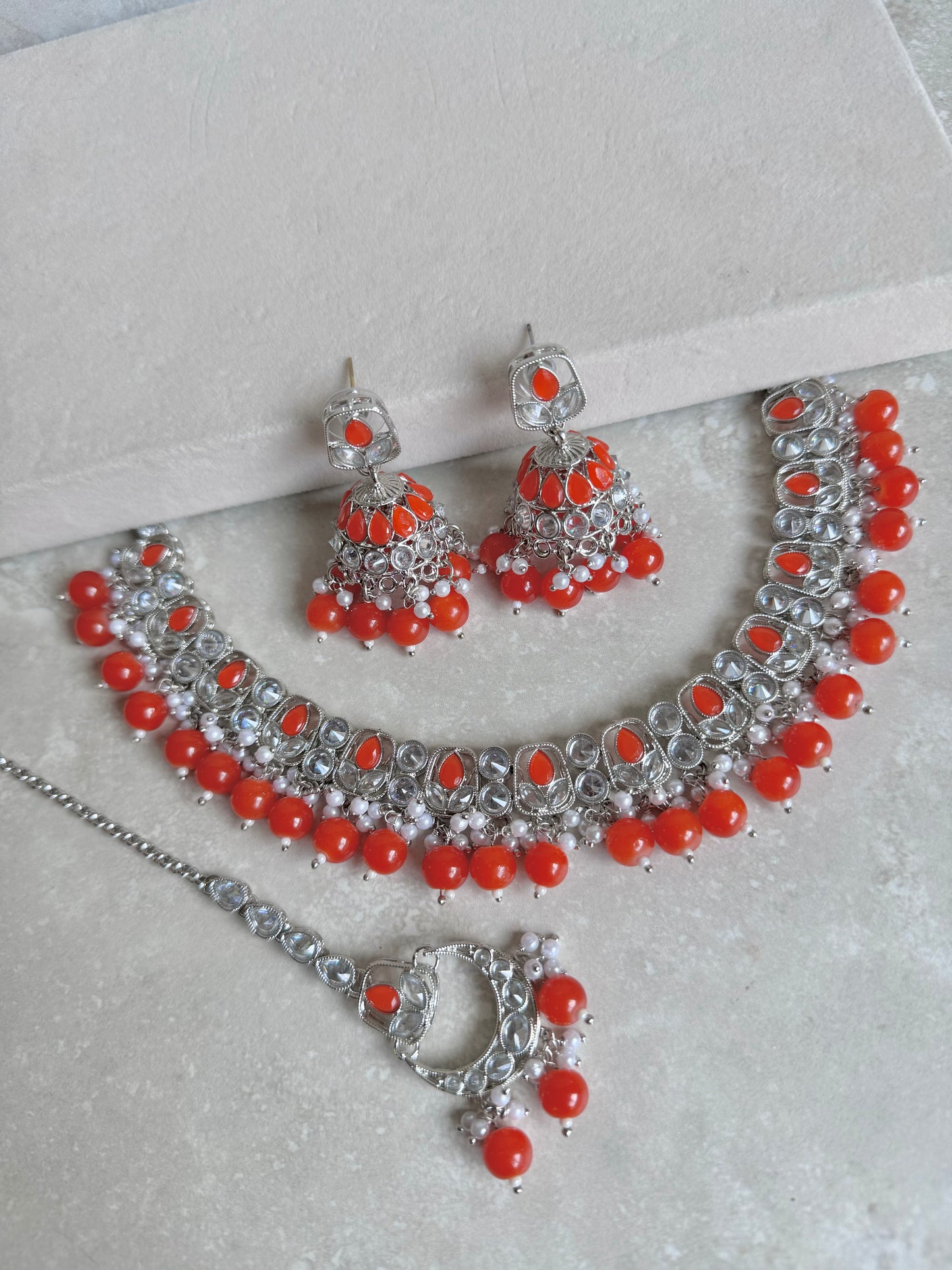 Rubab Small Necklace Set - Orange/Silver