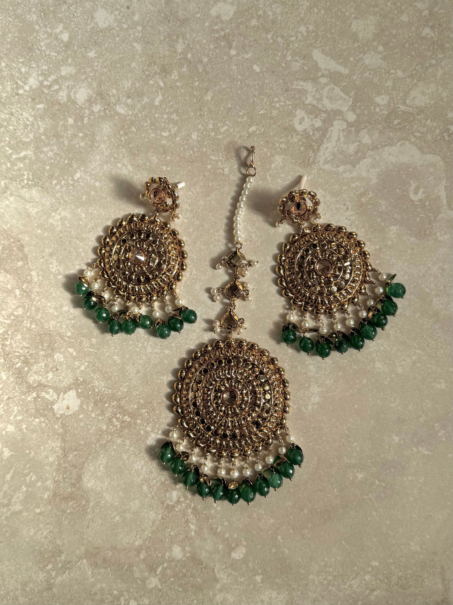 Zamal Earring and Tikka - Dark Green