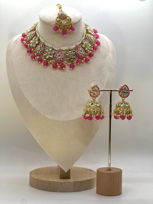 Abiha Kundan Necklace Set - Hot Pink-Statement Jewels