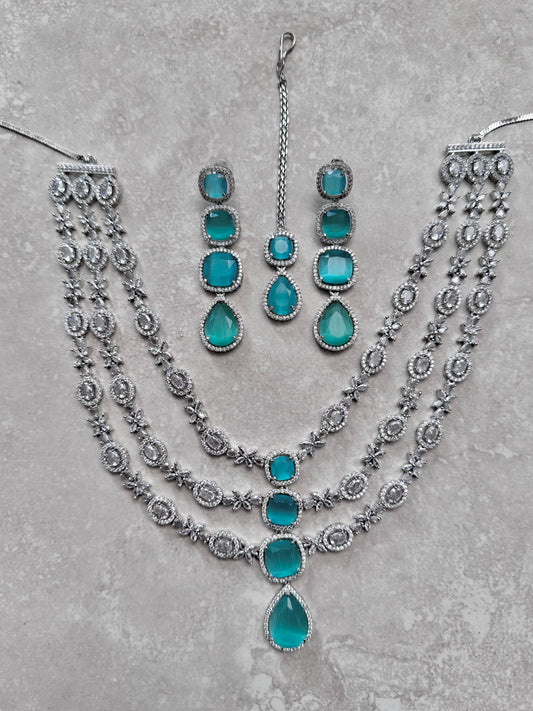 Amani Long Necklace Set - Silver/Teal (Heera Collection)