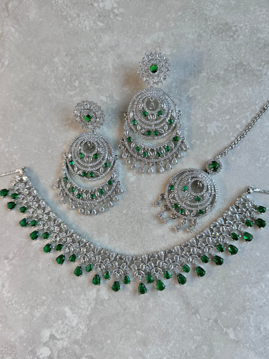 Afra Silver Necklace Set - Silver/Green-Statement Jewels