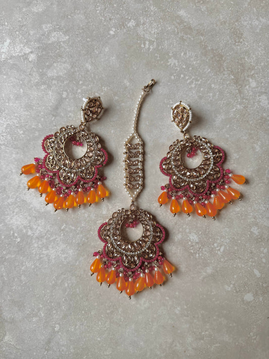 Mahi Earring and Tikka - Orange/Pink