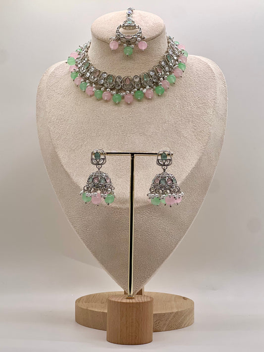 Rubab Small Necklace Set - Silver/Mint Pink