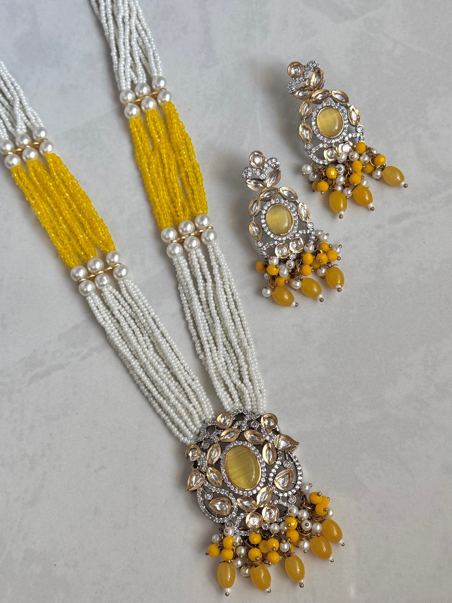Priya Pachi Kundan Mala Set - Yellow (Luxury Collection)