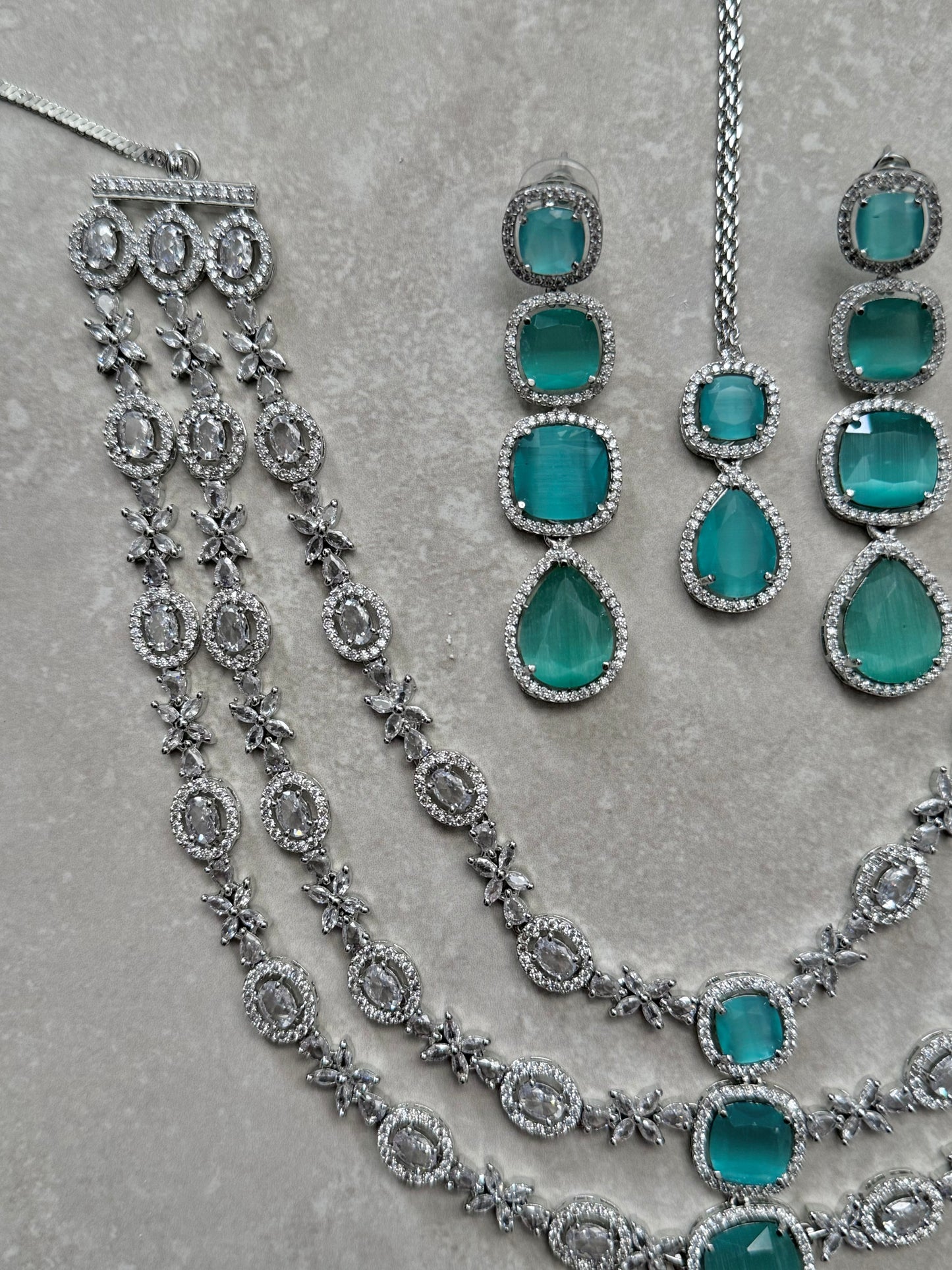 Amani Long Necklace Set - Silver/Teal (Heera Collection)