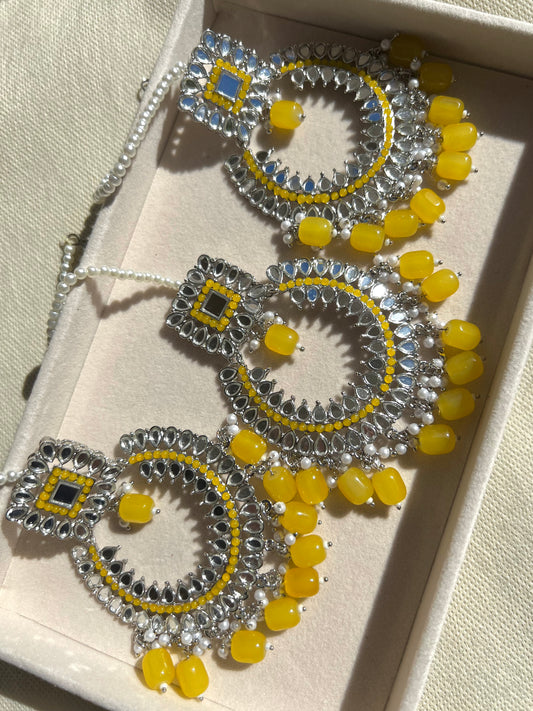 Shreya Large Earrings and Tikka - Silver/Yellow