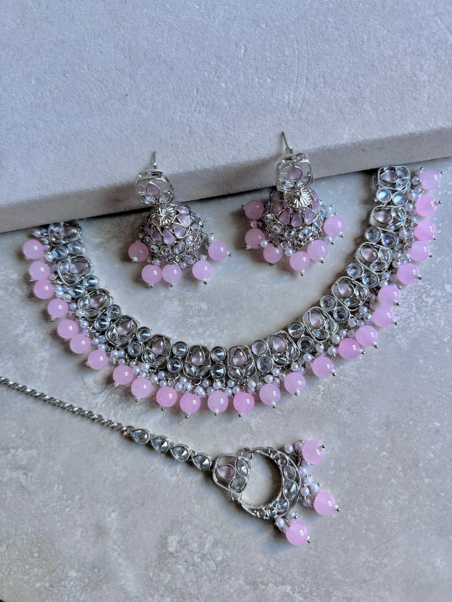 Rubab Small Necklace Set - Silver/Pink