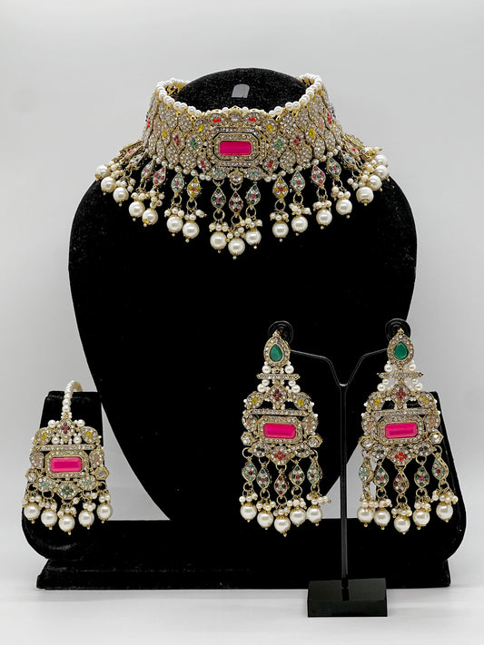 Rani Choker with Earrings and Tikka Set- Multi